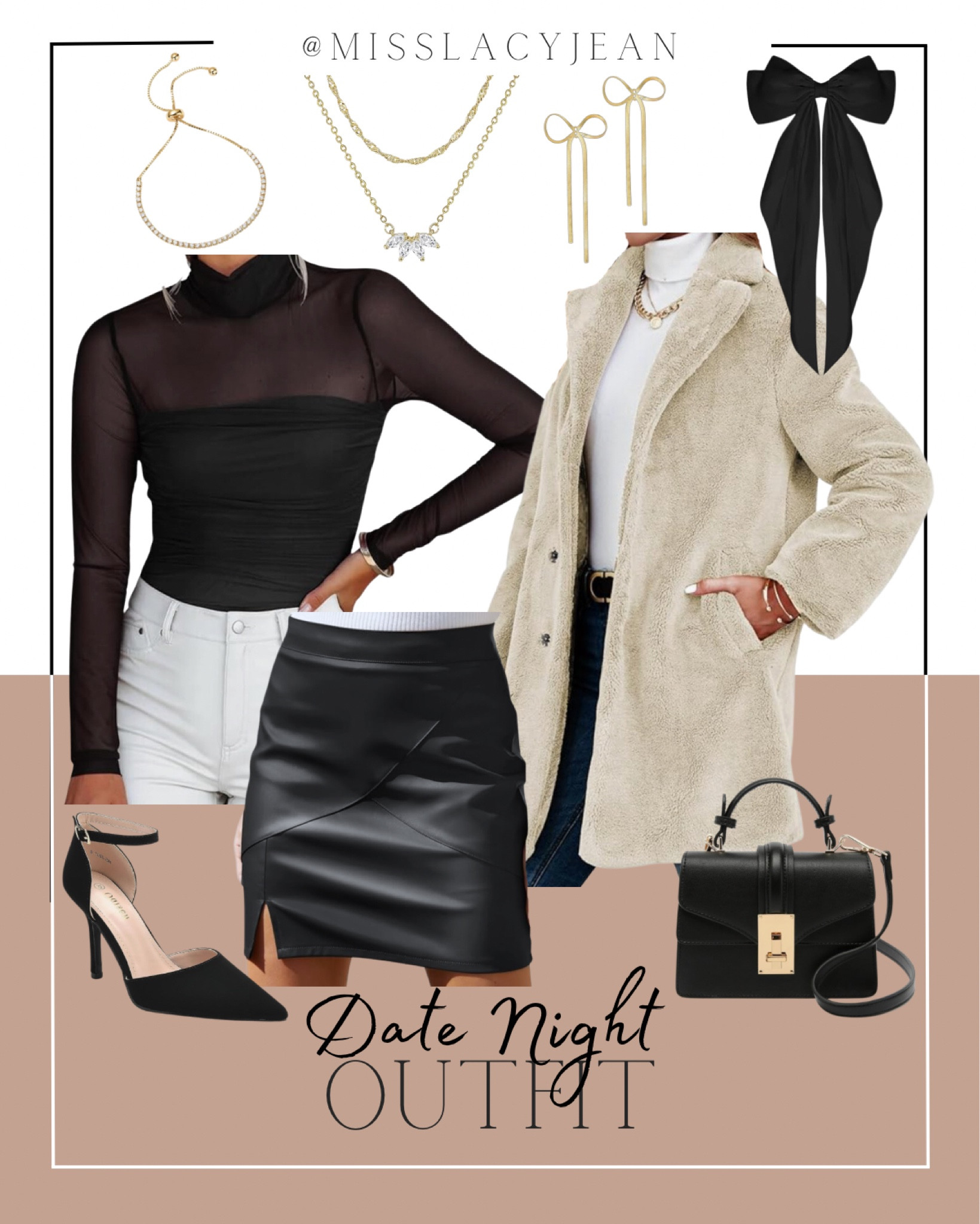 Amazon date night outfit includes sheer top, black skirt, fur coat, black handbag, heels, gold bow earrings, gold necklace, gold bracelet.

Date night outfit, affordable finds, outfit, dressy outfit

#LTKstyletip #LTKfindsunder100 #LTKshoecrush