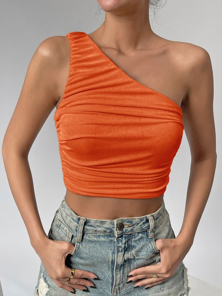 SHEIN privé One Shoulder Ruched Crop Top | SHEIN