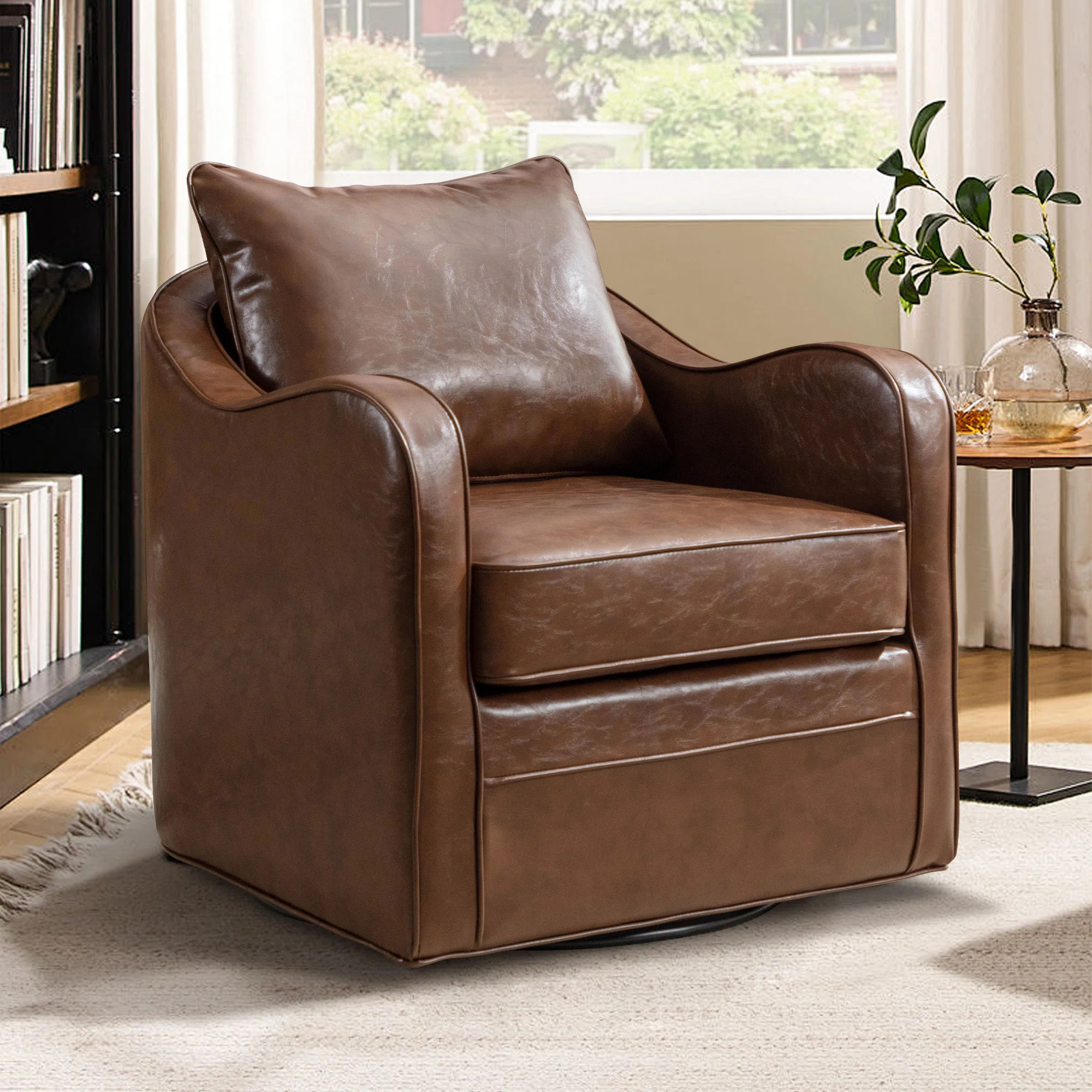 Winston Porter Jonson 28.3" Wide Classic Vegan Leather Swivel Arm Barrel Chair with Removable Pil... | Wayfair North America