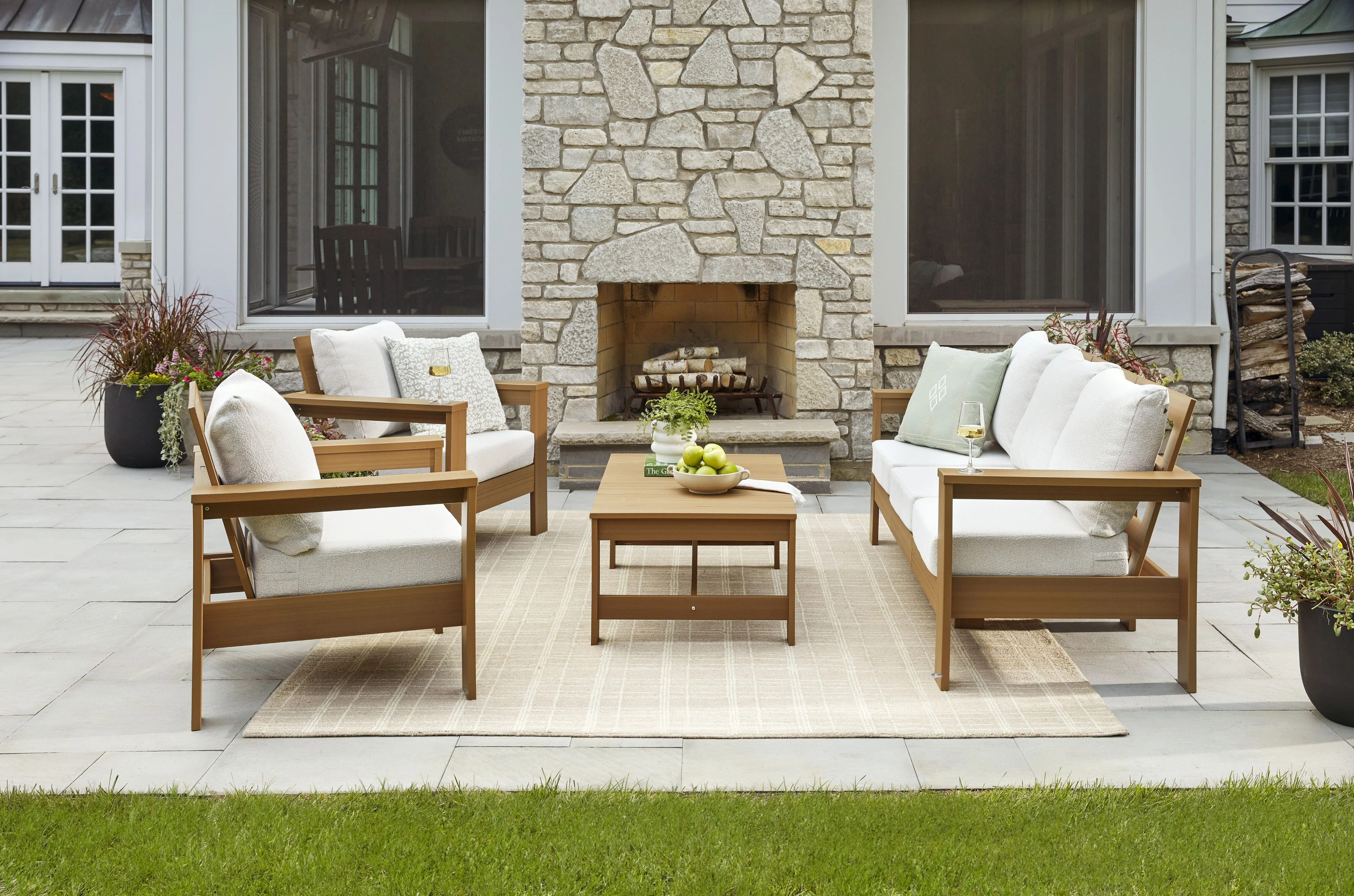 Better Homes & Gardens Ezra 4-Piece Outdoor HDPE Conversation Set, Teak with Cream Boucle Cushion... | Walmart (US)