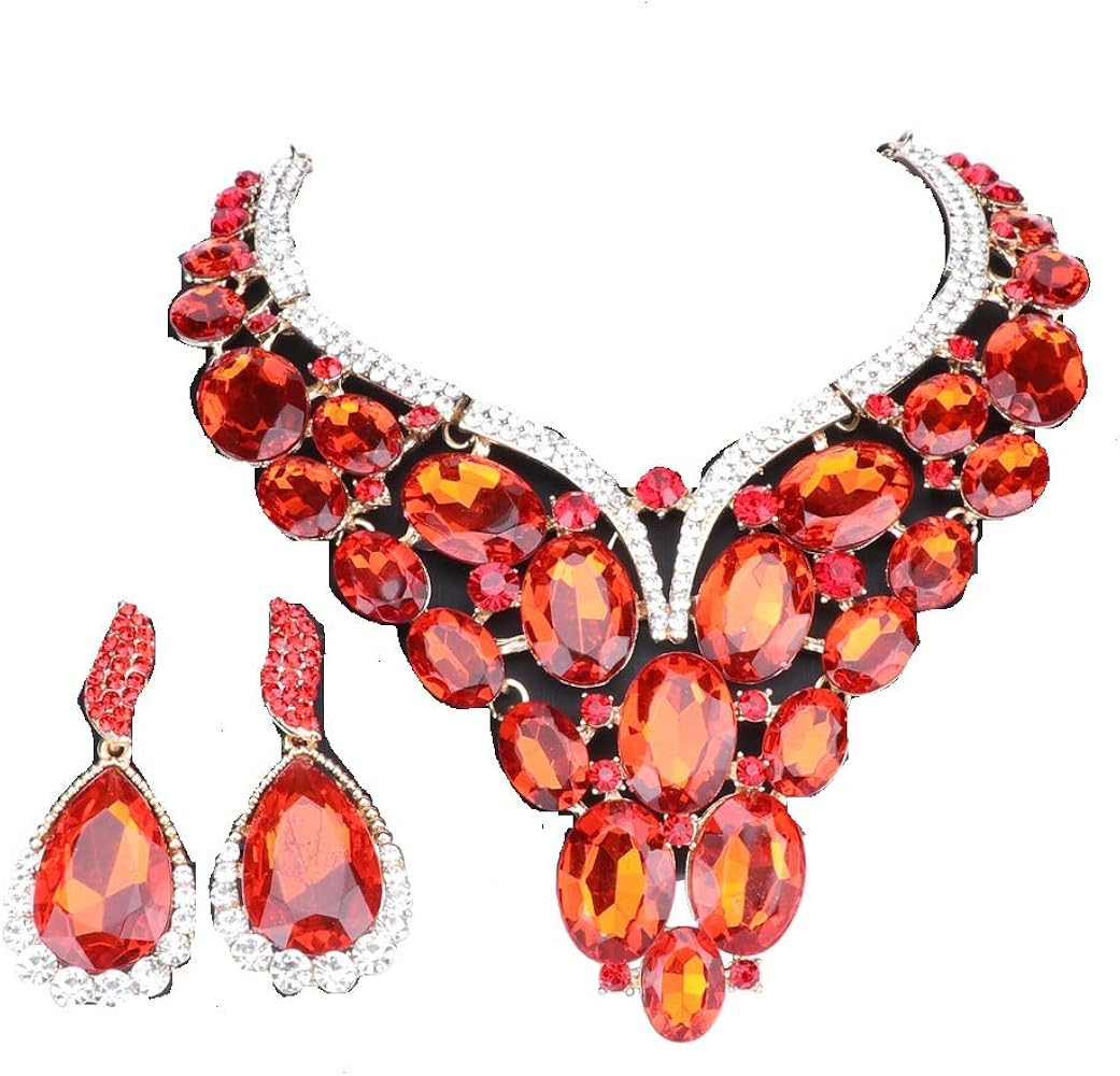 Women Bridal Rhinestone Crystal Statement Necklace Earring Wedding Dress Jewelry Sets | Amazon (US)