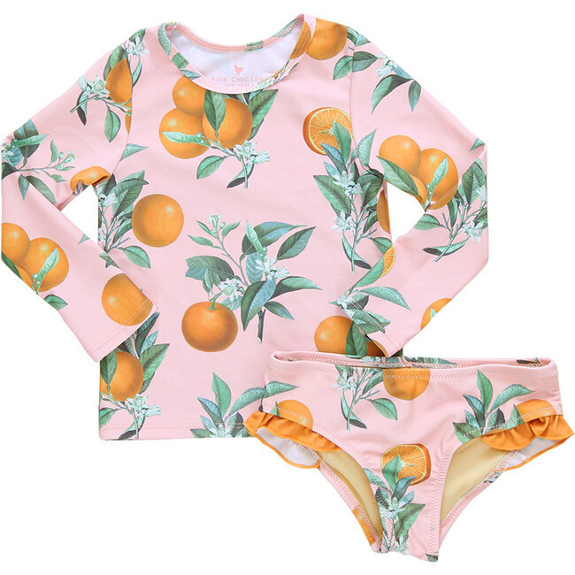 Girls Rash Guard Set, Pink Botanical Oranges | Maisonette