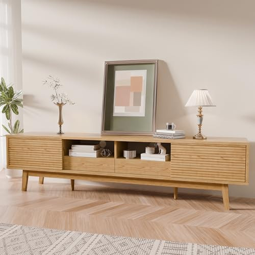 TOLEAD 70" TV Console, Mid Century Modern Media Console for 55/65/75 Inch TV, Low Profile TV Stand with Fluted Sliding Doors, Boho Light Wood Credenza for Living Room, Oak | Amazon (US)