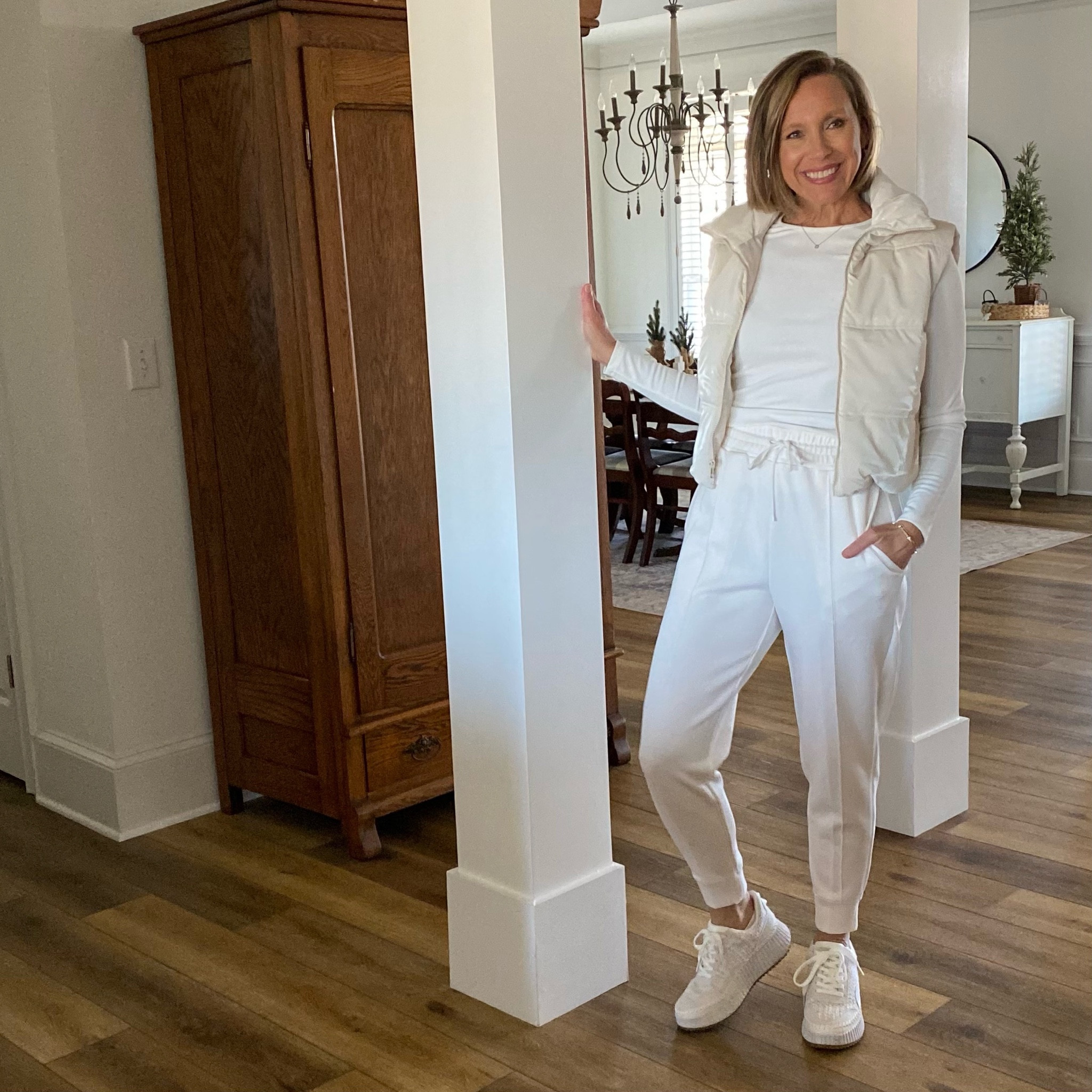 I’ve looked everywhere for the perfect “off-white” joggers. Wearing my regular size, small. They’re not see through, the color is spot on and they’re soft to the touch. I will say, I’m wearing a neutral vanishing edge panty. Yay for no panty lines! I sized up to a Medium in the top just because it’s fitted. The tennis shoes are in and out of stock. I’d grab them while you can. I both the cream and gold! I love this look!

#LTKstyletip #LTKtravel #LTKfindsunder50