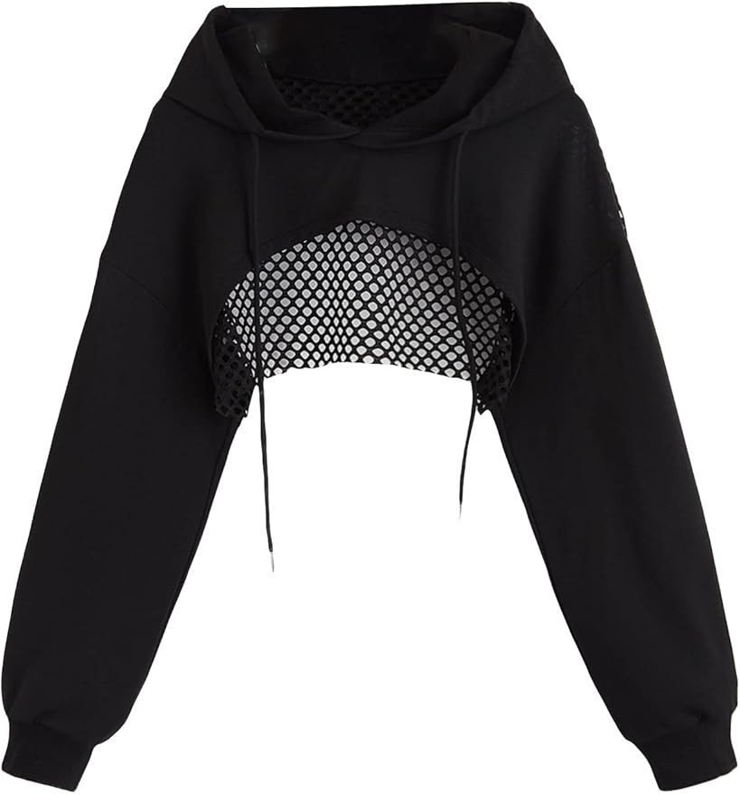 SHENHE Women's Fishnet Long Sleeve Drawstring High Low Workout Hoodie Crop Tops | Amazon (US)