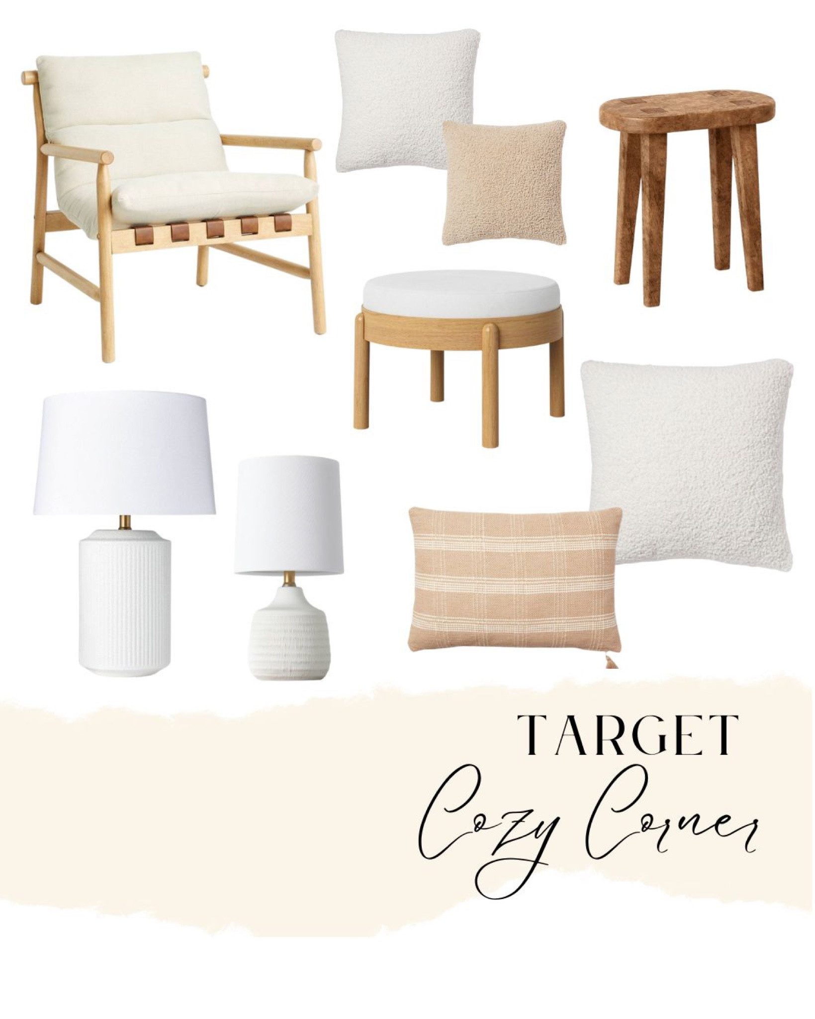 Build yourself a cozy corner 🏡

Target:
Pillows . Chair . Stands . Lamps 

#LTKhome #LTKunder100 #LTKFind