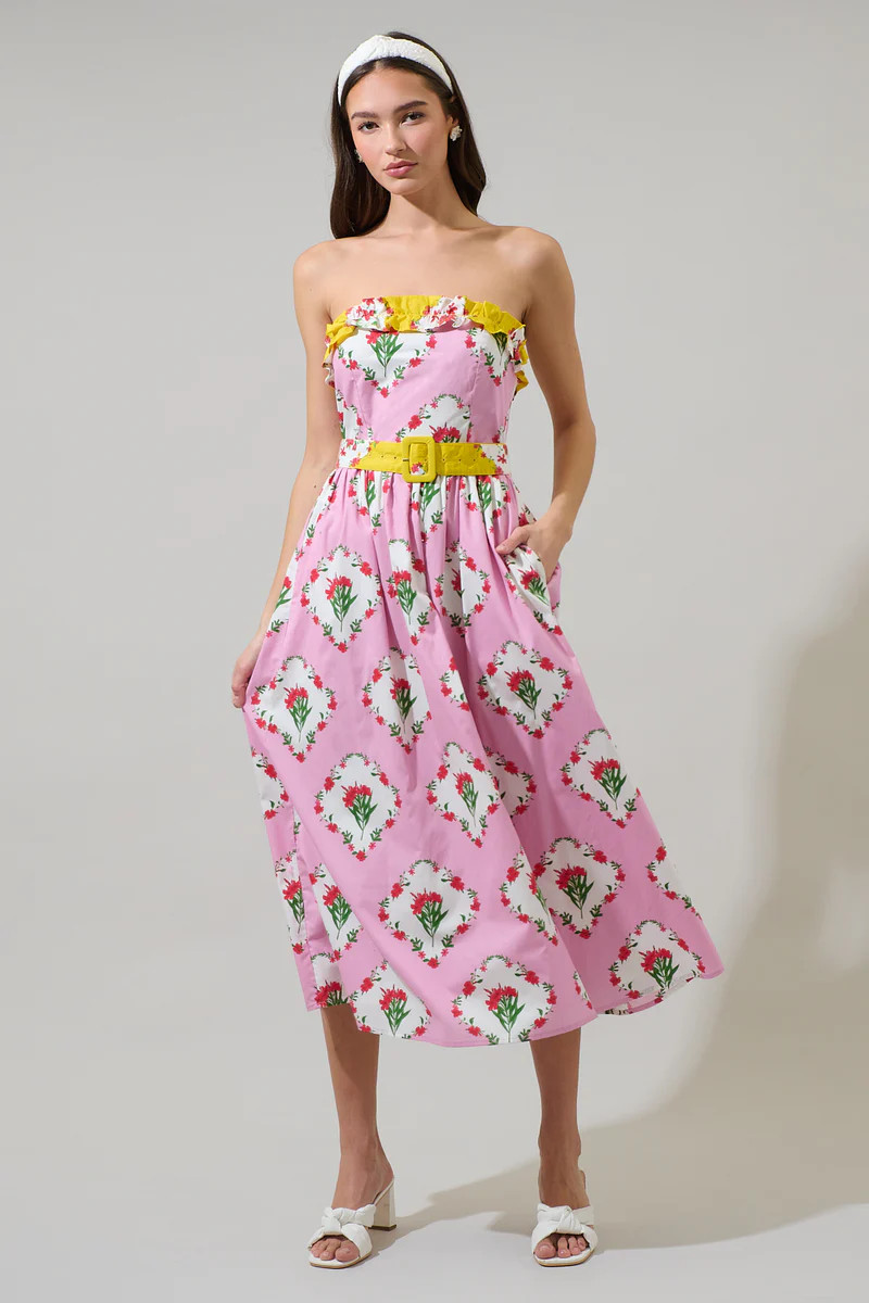 Maia Floral Strapless Ruffle Midi Dress | Sugarlips