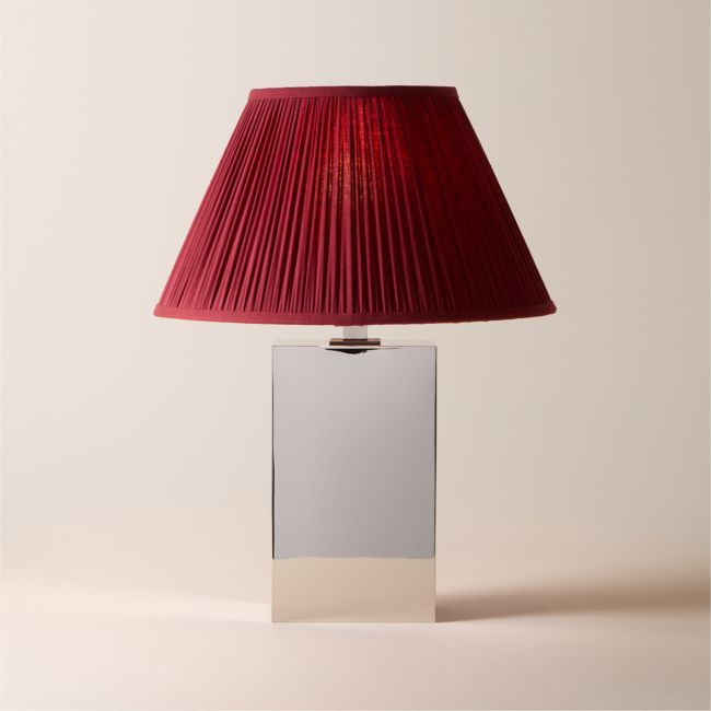 Carmichael Large Polished Nickel Table Lamp with Pleated Burgundy Shade | CB2