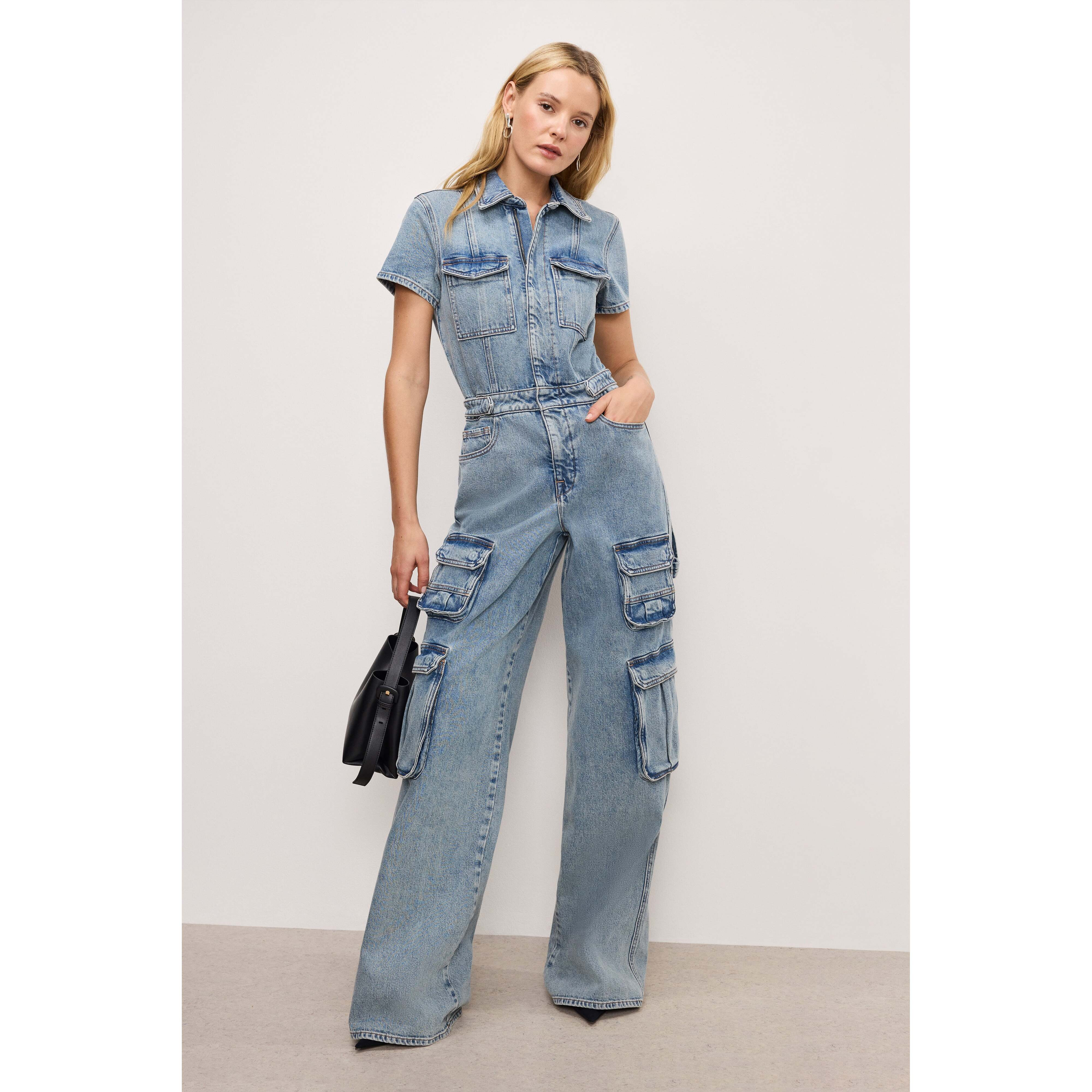 Women's Fit For Success Cargo Denim Jumpsuit | Indigo, Size XL | Good American by KhloÃ© Kardashian | Good American