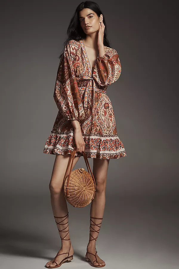 Farm Rio Romantic Nature Multicolor V-Neck Puff-Sleeve Mini Dress | Anthropologie (US)