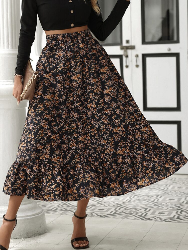 SHEIN VCAY Allover Floral Print Ruffle Hem Skirt | SHEIN