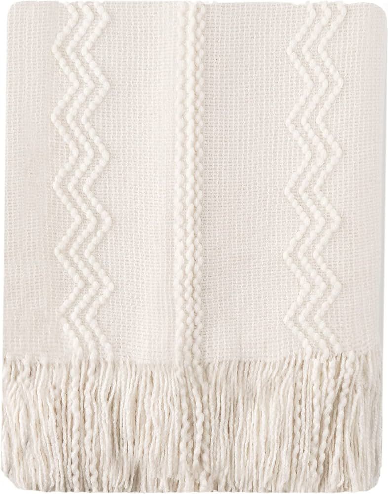BATTILO HOME Cream Throw Blanket for Couch, Bedroom Decor Boho Throw Blanket, Decorative White Bl... | Amazon (US)