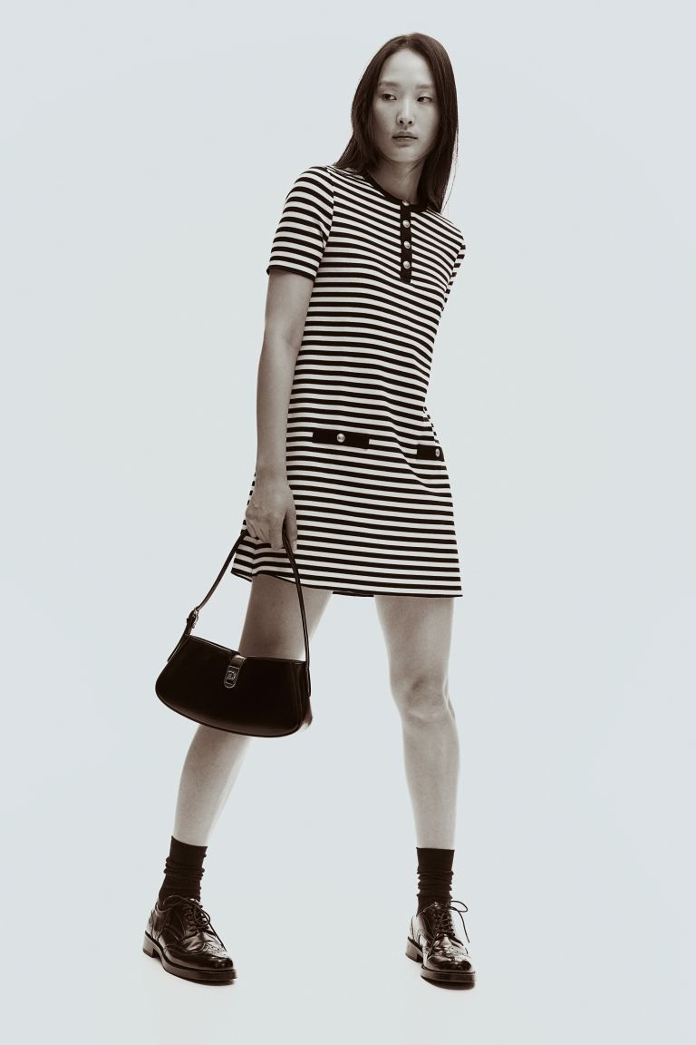 A-line Mini Dress - Round Neck - Short sleeve - Black/white striped - Ladies | H&M US | H&M (US + CA)