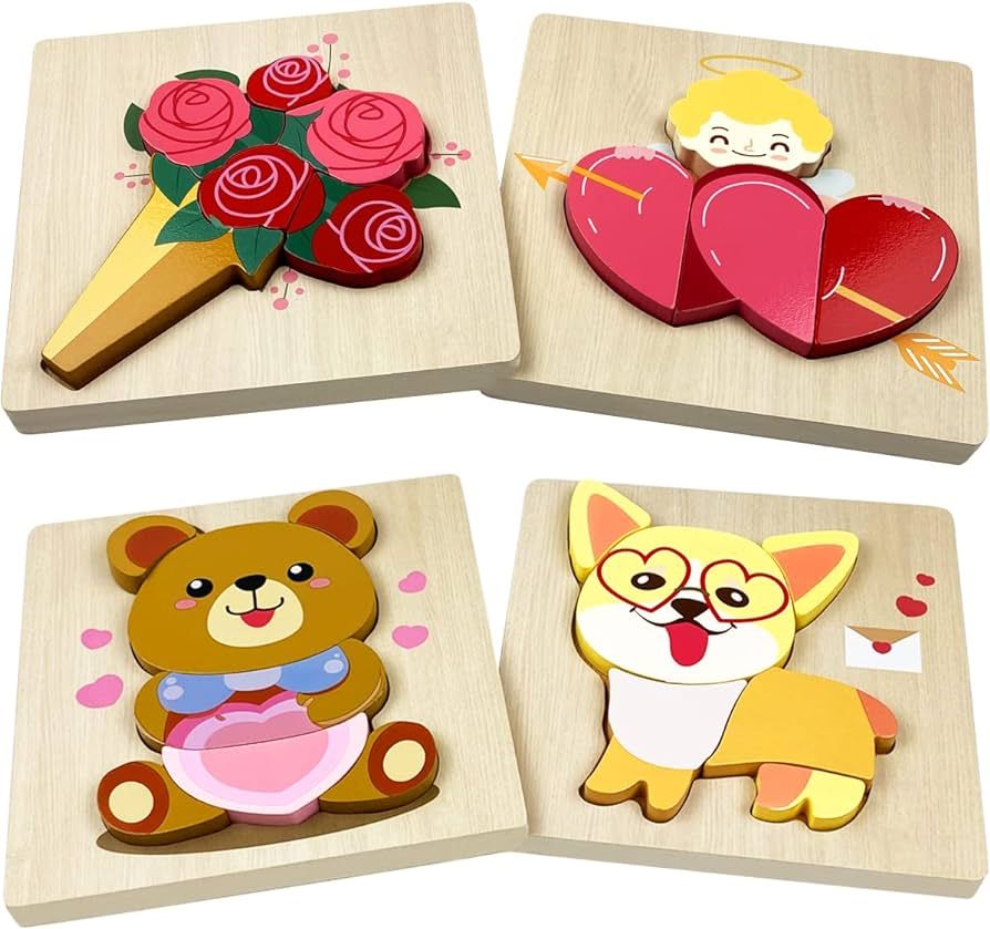 Anditoy 4 Pack Valentines Day Wooden Puzzles for Kids Toddlers Valentines Gifts Party Favors | Amazon (US)