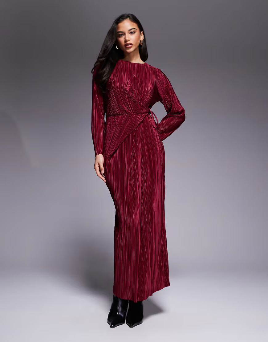 ASOS DESIGN plissé long sleeve wrap tie waist maxi dress in wine-Red | ASOS (Global)