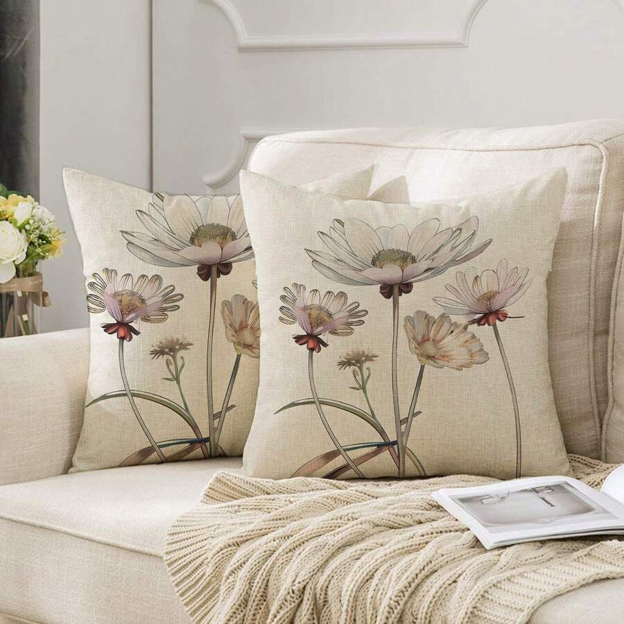 2pcs (Pillow Core Not Included) Modern Beautiful Flower Printed Linen Square Pillowcase For Sofa,... | SHEIN