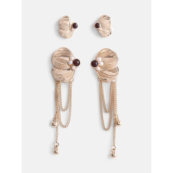 Scenario Women's Gold Tone Stud and Tassel Earrings, 2-Piece Set | Walmart (US)