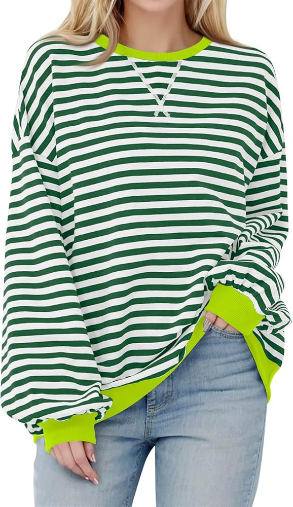 Womens Oversized Sweatshirt Casual Striped Color Block Long Sleeve Crewneck Pullover Tops Fall Ou... | Amazon (US)
