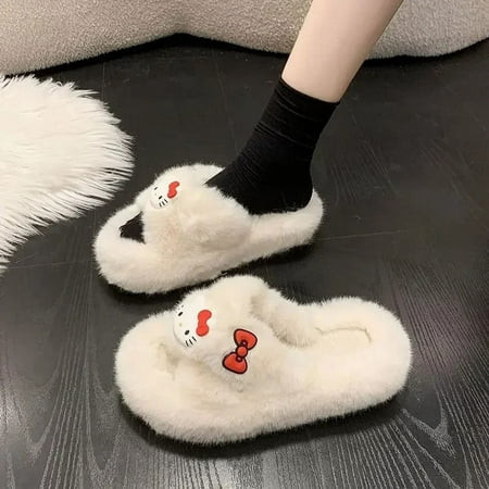 Hello Kitty Plush Slippers Women s Sanrio Anime Kawaii Winter Outerwear Warm Autumn Home Shoes Furry Slippers Christmas Gift | Walmart (US)
