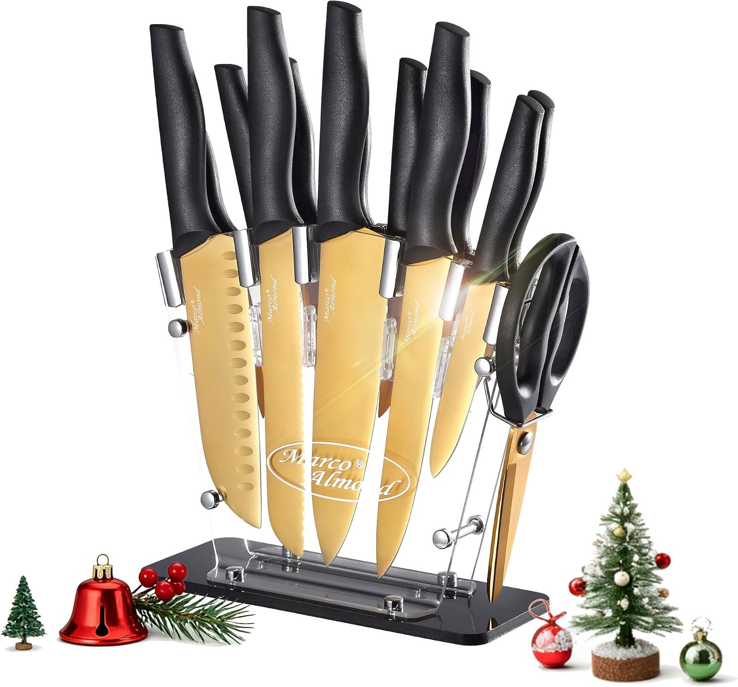 Marco Almond® Gold Knife Set With Block KYA23, 14 Pieces Stainless Steel Chef Cutlery Knives Set for Kitchen with Acrylic Stand | Amazon (US)
