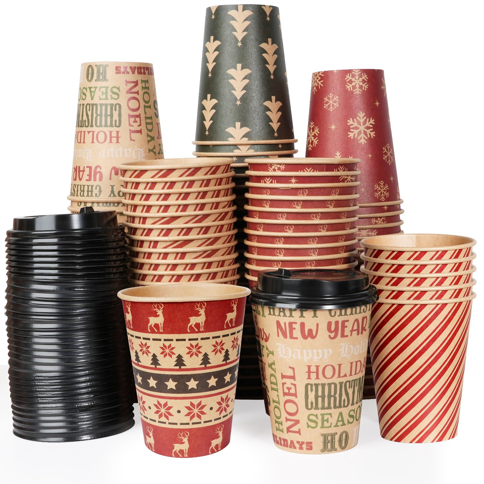 Amazon.com: Hallswl 100 Pieces 12 oz Christmas Paper Cups with Lids, Xmas Disposable Coffee Cups ... | Amazon (US)