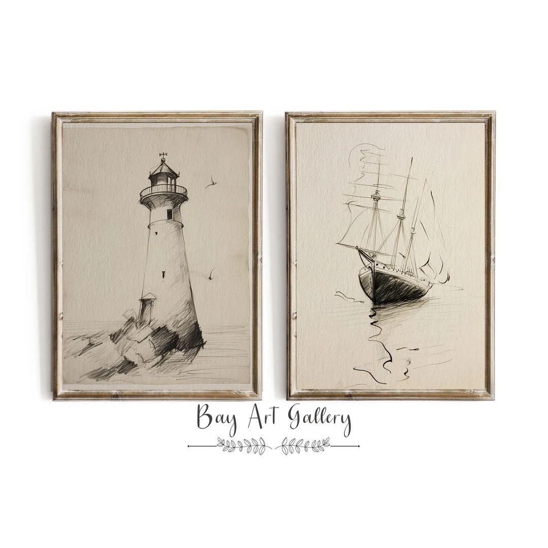 Vintage Sailboat Print SET Lakehouse Drawings Minimalist Sketch PRINTABLE - Etsy | Etsy (US)