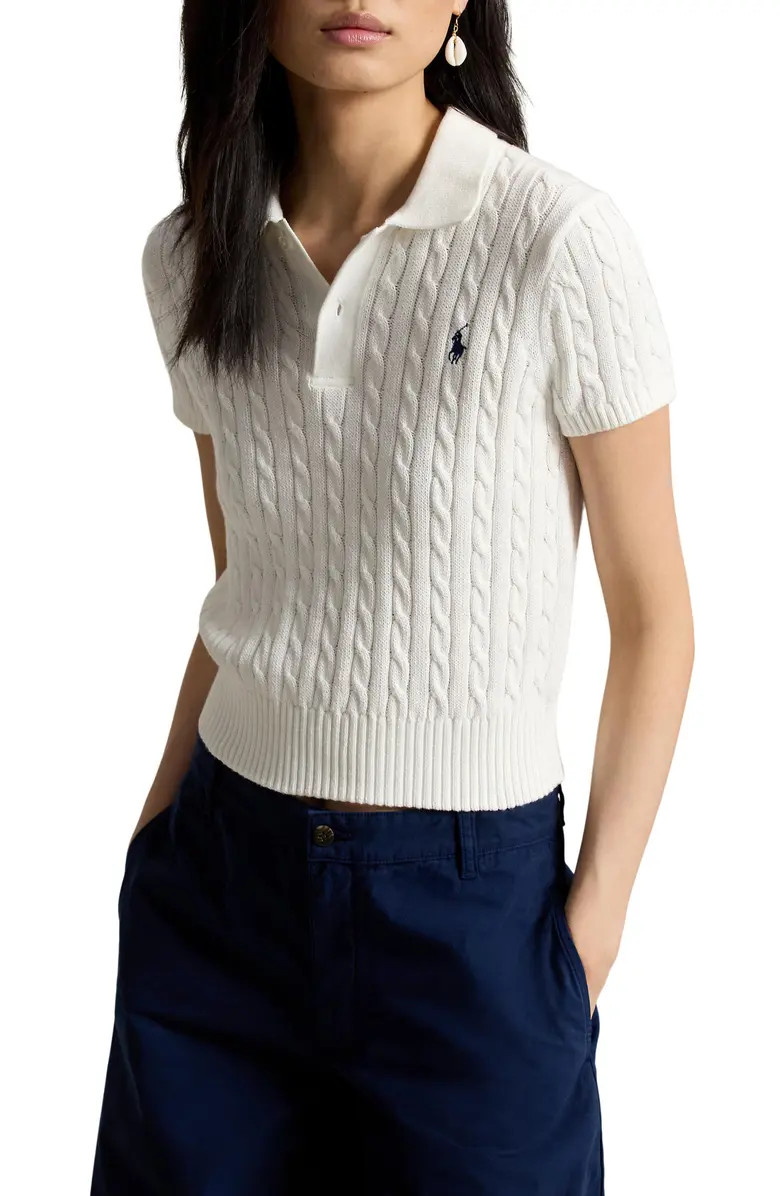 Cable Knit Crop Cotton Polo Sweater | Nordstrom