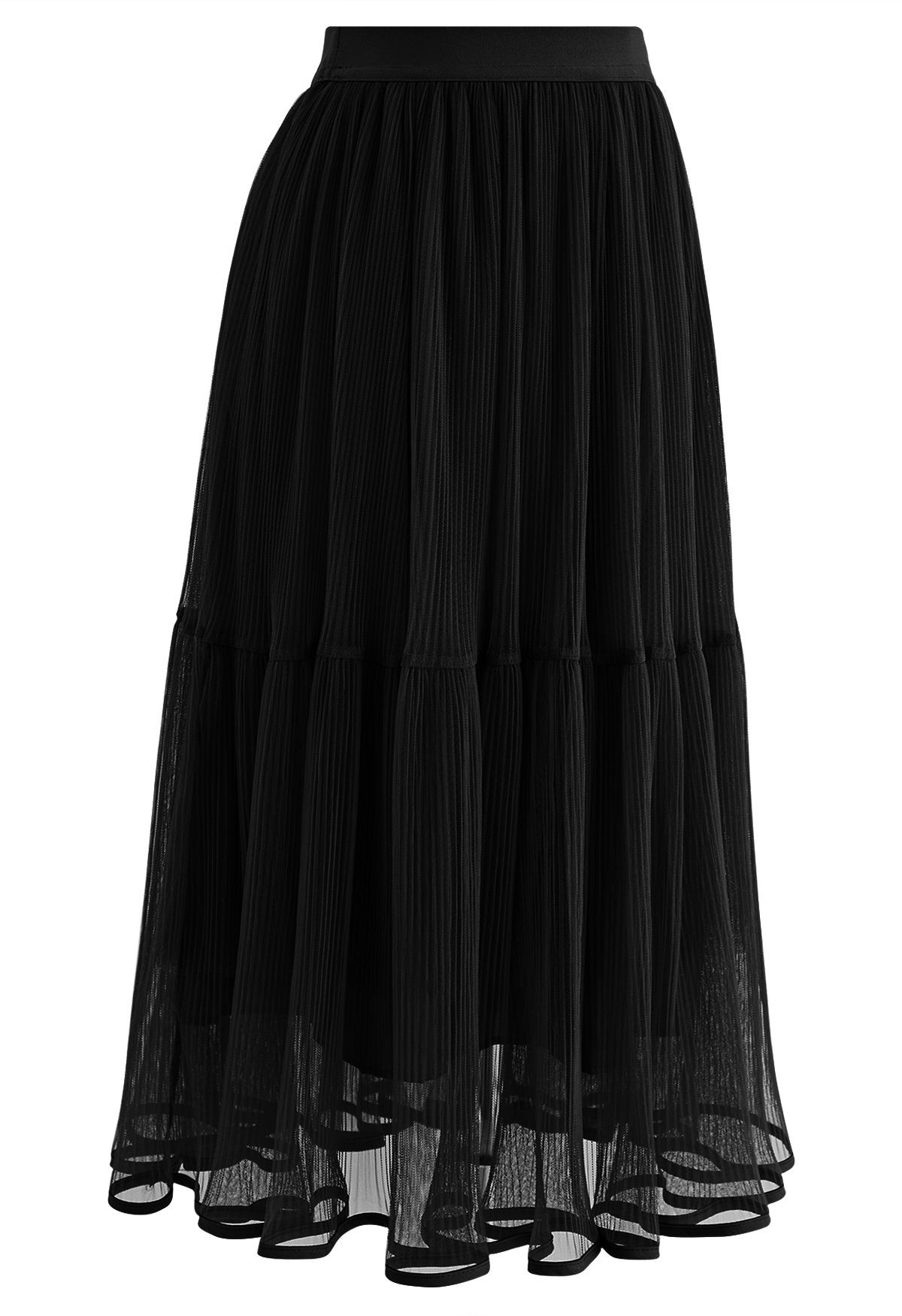 Fairy Plisse Mesh Tulle Midi Skirt in Black | Chicwish