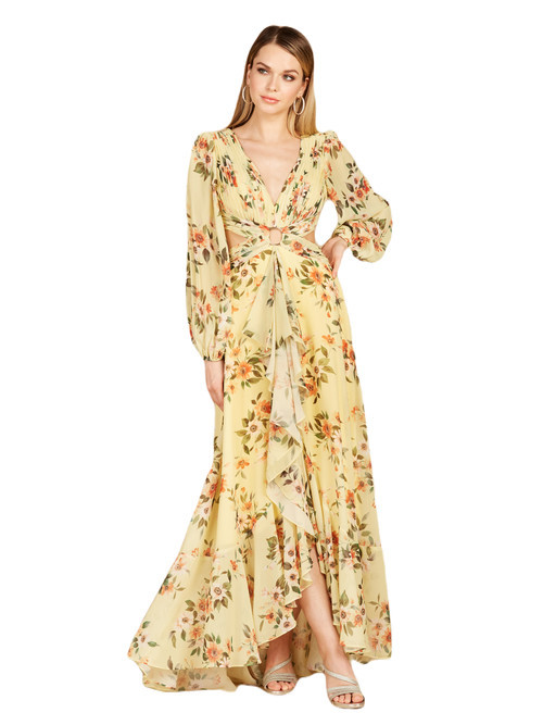 LARA New York Long Sleeve V-Neck, Layered Skirt Print Dress in Yellow at Nordstrom, Size 0 | Nordstrom