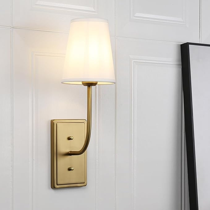 Vintage Brass Wall Sconce 1-Light, White Fabric Shade Wall Lamp Hardwired Indoor Wall Light for B... | Amazon (US)