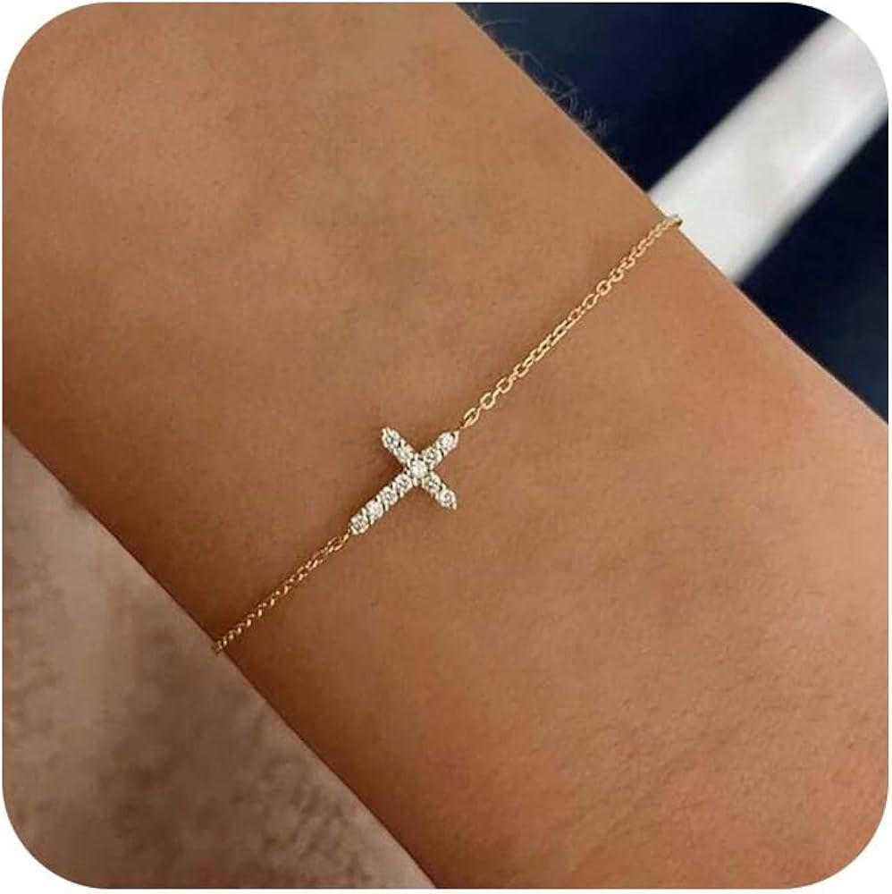 Gold Bracelets for Women,Dainty Gold Cross Bracelet 14K Gold Plated Beaded Bracelets for Women Tr... | Amazon (US)