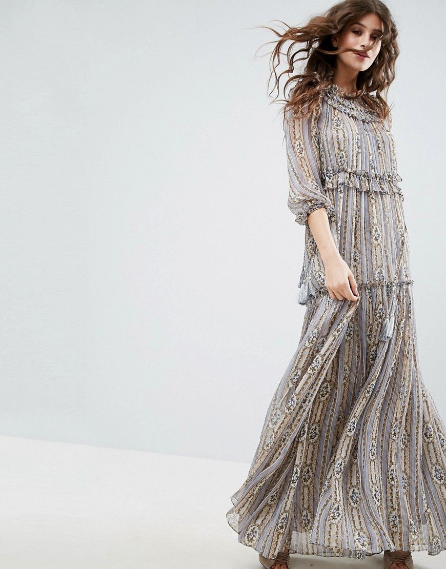 Needle & Thread Lace Maxi Dress With Ruffle Neck - Grey | Asos EE