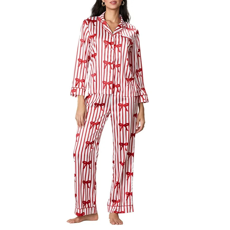 Bmnmsl Women’s 2 Piece Christmas Pajama Set Long Sleeve Bow Stripes Print Button Up Shirt + Pan... | Walmart (US)