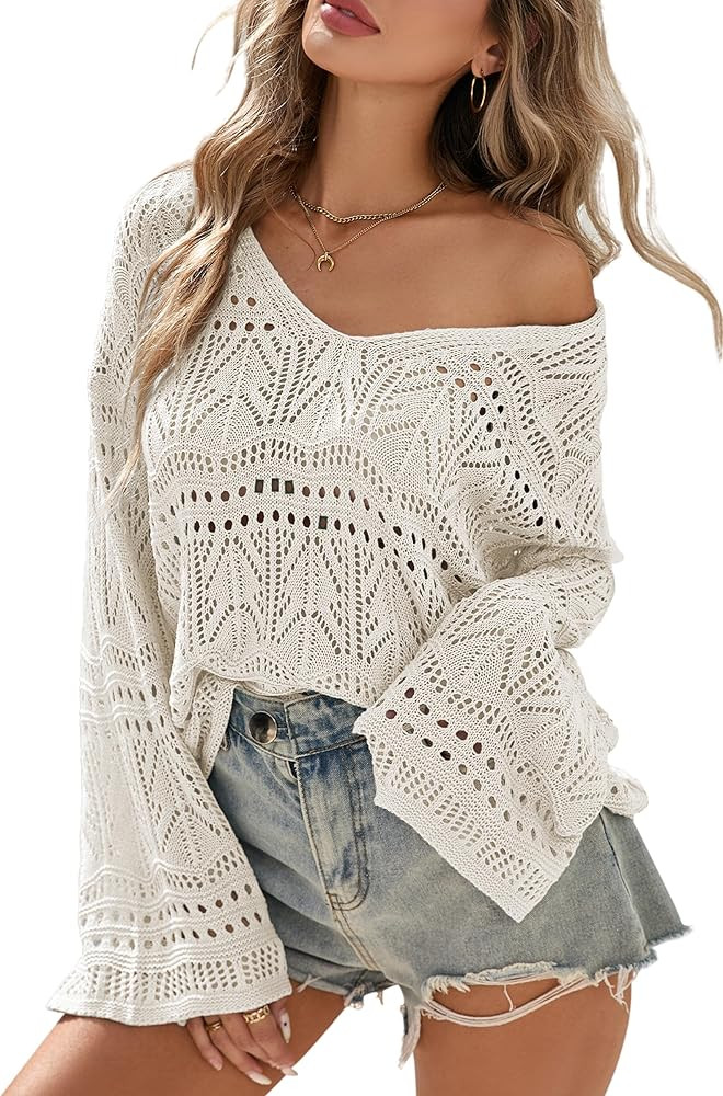 Cakulo Womens Spring Summer Off The Shoulder Sweater Crochet Bell Sleeve Boho Tops 2026 Trendy Be... | Amazon (US)