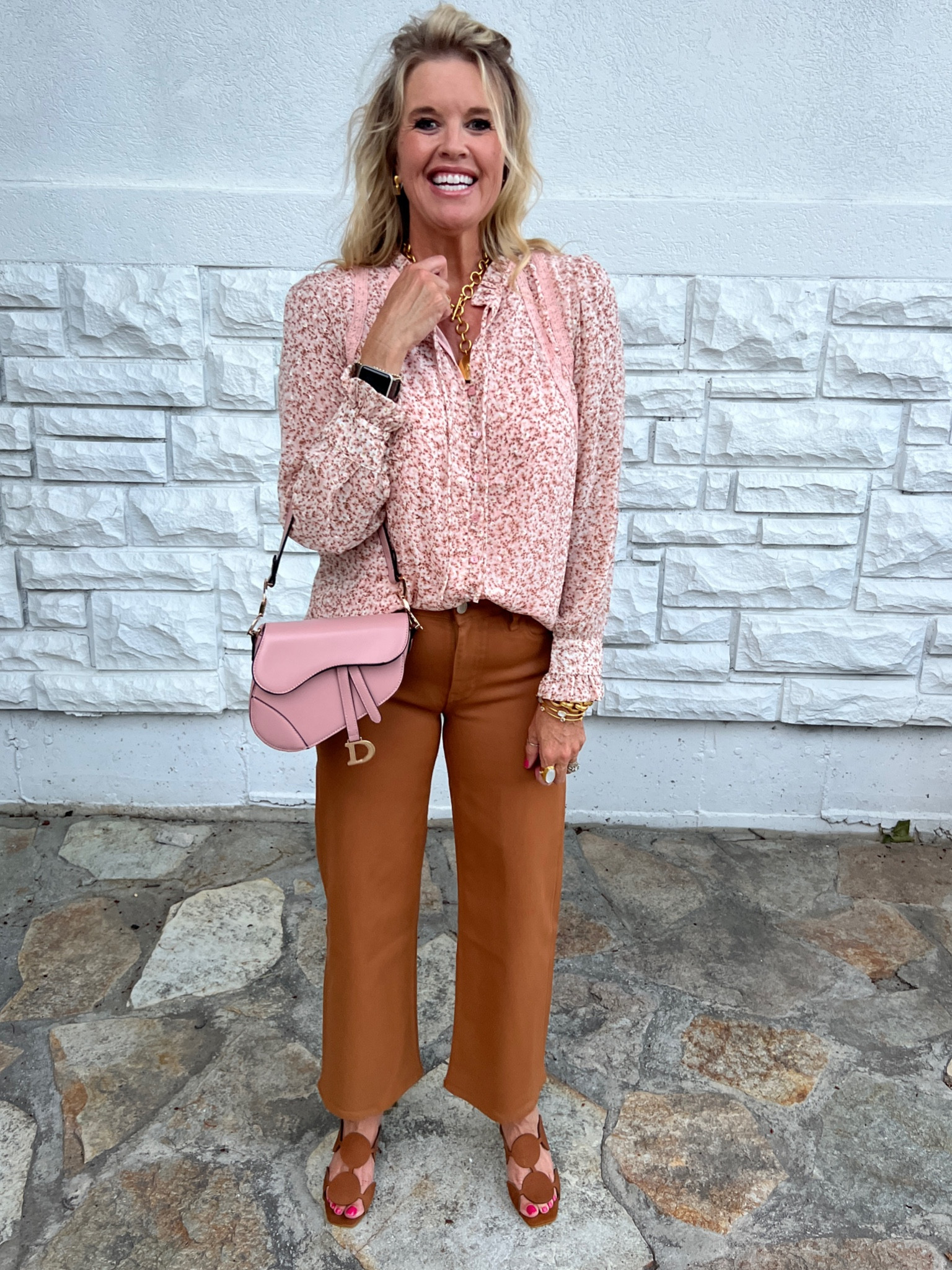 Summer to fall transitions Barbie would love🍂🌸

Gibsonlook  small floral printed top with lace trim details. So pretty and feminine with pretty shades of pink , toffee and spice! 
Love this top!  Fits true to size and I am in a med.

Gibsonlook-Use Code DARCY10 for 10% off

Hudson faux leather/ wax coated wide leg denim in spice color
Fits tts Nordstrom sale!  

Cecelia New York shoes tts

Dior saddle bag 

Julie Vos jewelry 

Great work outfit, cute teacher outfit, girls lunch etc

#teacheroutfit #barbiestyle #fallTransition 


#LTKsalealert #LTKstyletip #LTKworkwear