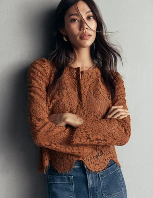 Boden Women's Lace Puff Sleeve Top in Brown | Size 20/22 | Boden (US)