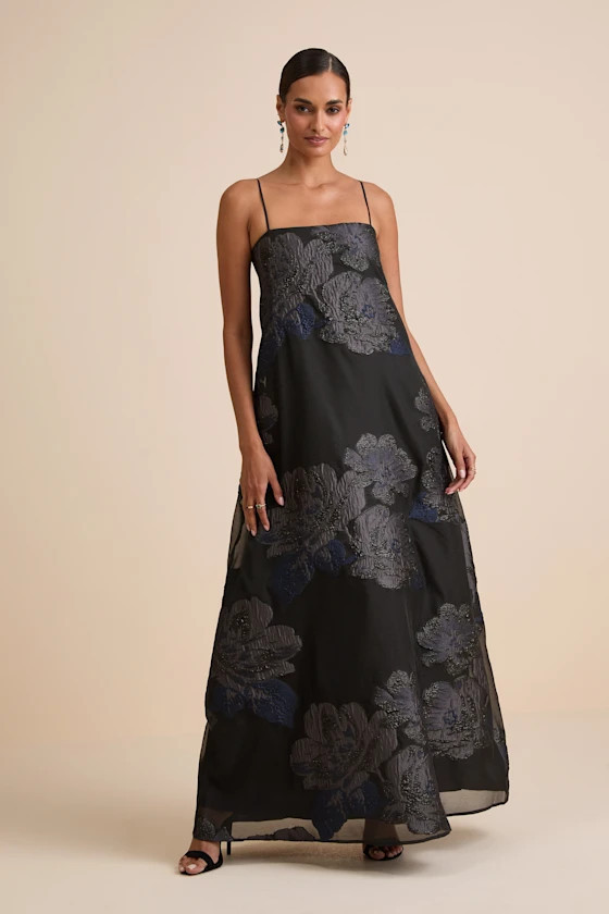Yavanna Black Floral Jacquard Shift Maxi Dress | Lulus