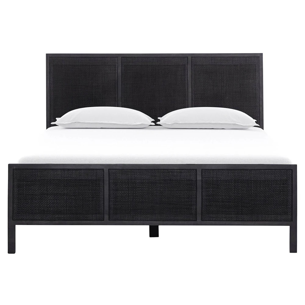 Rhian Coastal Beach Black Woven Cane Black Mango Wood Bed - Queen | Kathy Kuo Home
