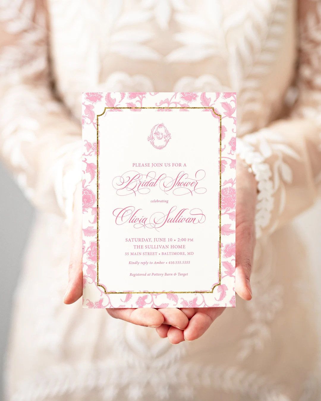 Chinoiserie Bridal Shower Invitations: Pink Toile Monogram - Etsy | Etsy (US)