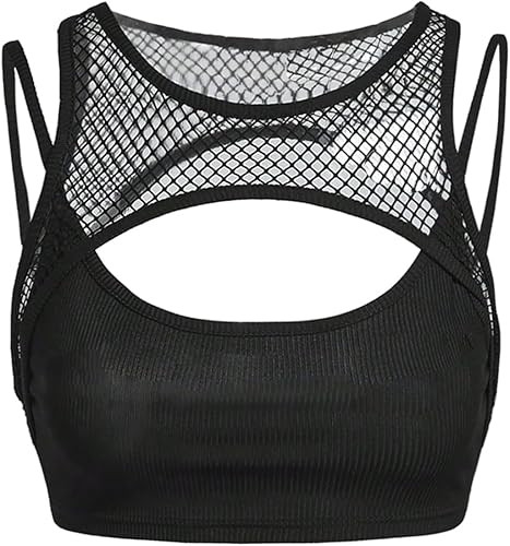 WDIRARA Women's Cut Out Tank Tops Sheer Mesh Fishnet Sleeveless 2 in 1 Crop Top Clubwear | Amazon (US)