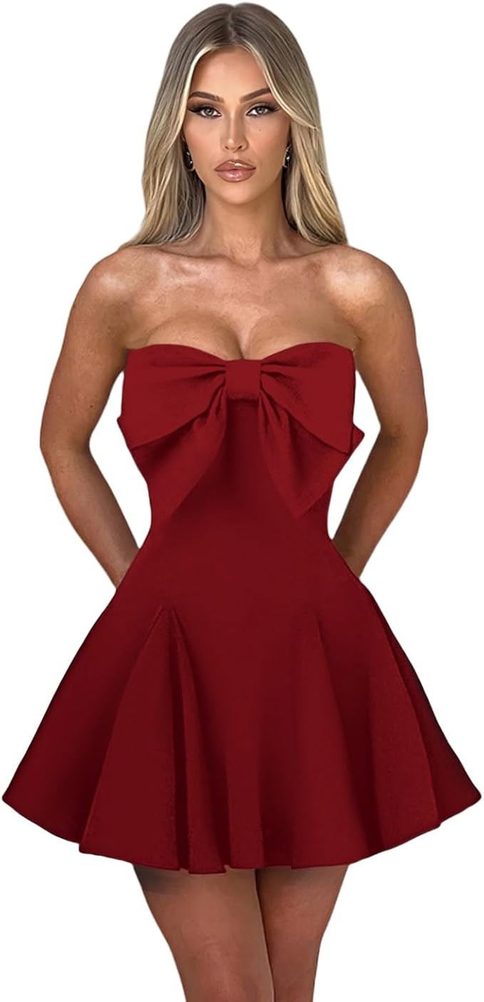 JUMISEE Women's Elegant Bow Strapless Homecoming Dress A Line Swing Tube Mini Dress Short Evening... | Amazon (US)
