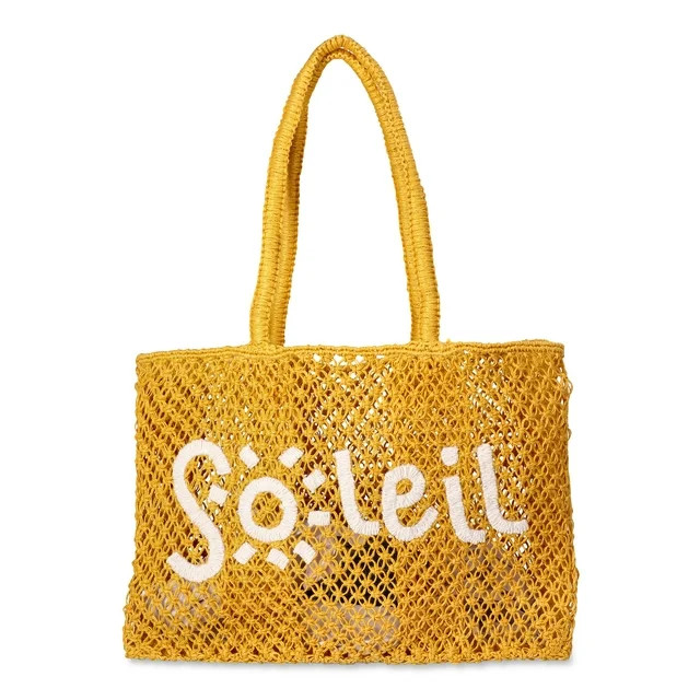 No Boundaries Women's Woven Beach Tote Bag, Yellow Soleil | Walmart (US)