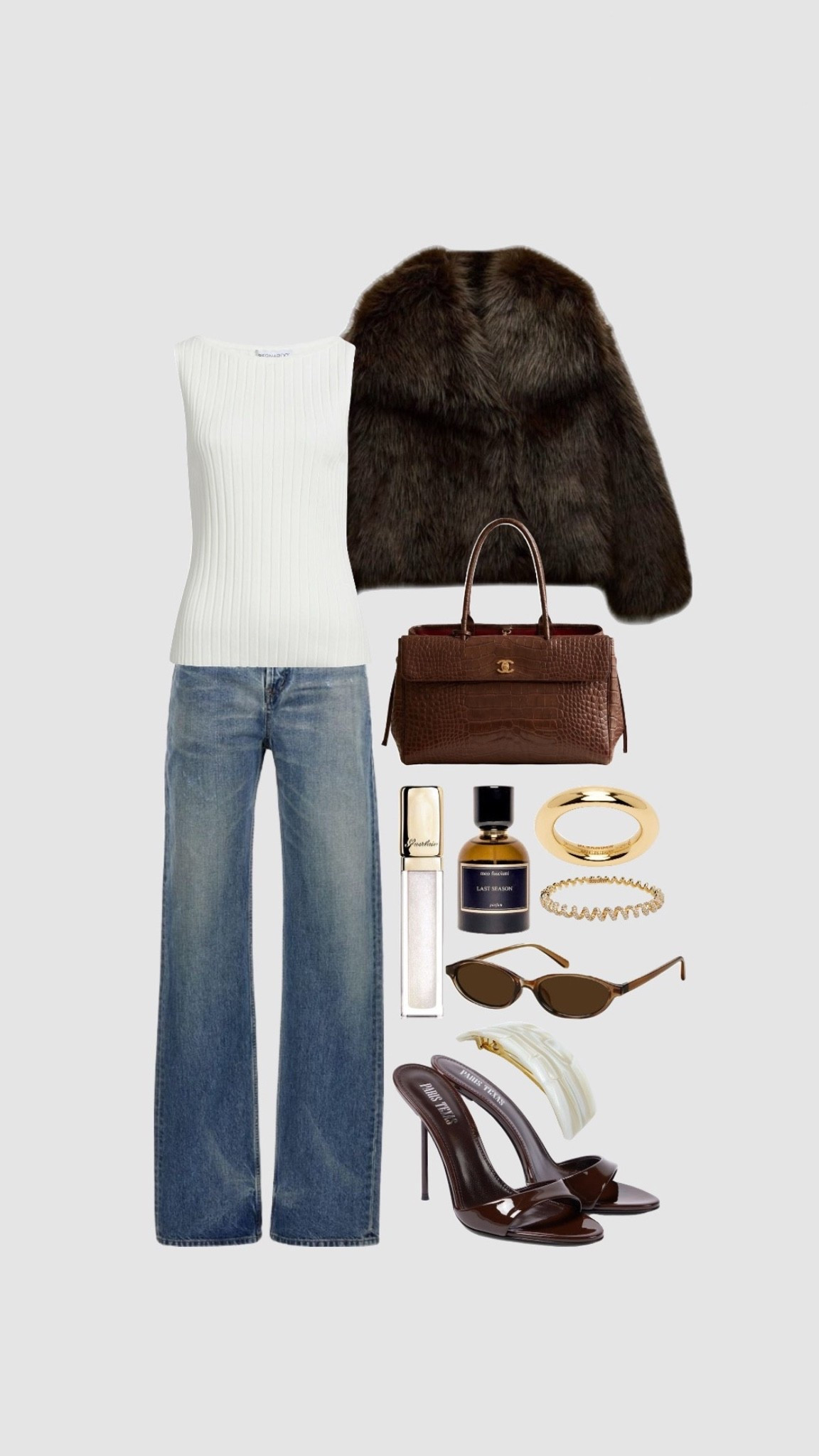 Perfume is called Last Season by scent split, the Guerlain lip gloss is no longer sold, the jeans are Charlotte jeans from Saint Laurent!