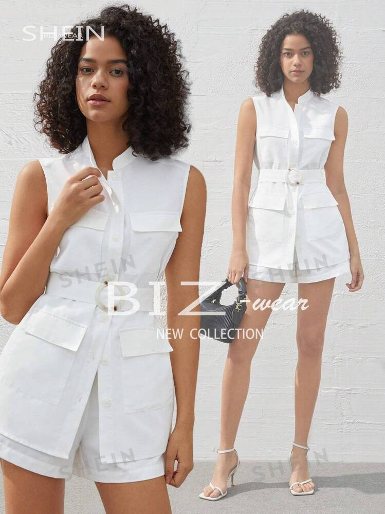 SHEIN BIZwear Women'S Flip Pocket Front Sleeveless Top And Shorts Set | SHEIN | SHEIN