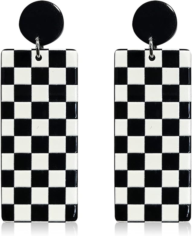WUWEIJIAJIA Unique Fashion Chic Acrylic Black White Striped Checkered Dangle Drop Earrings Minimalis | Amazon (US)