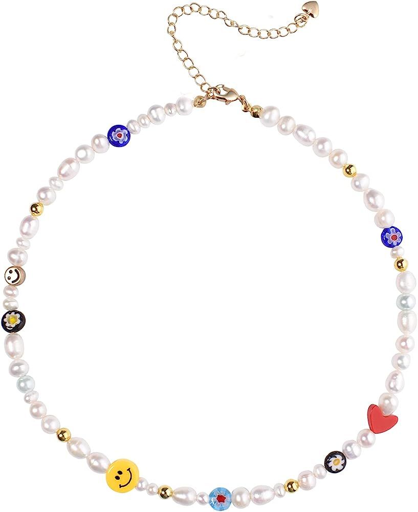 Y2K Natural Freshwater Pearl Beaded Necklace Choker “Fun Flirty” Summer Smiley Face Necklaces... | Amazon (US)