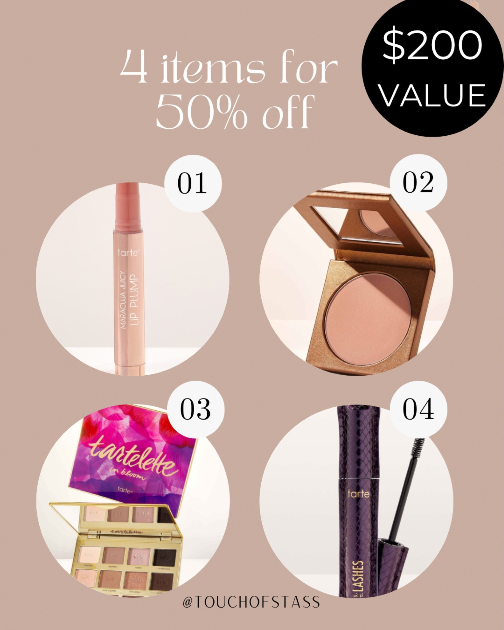 50% off 4 items of your choosing! 

Tarte cosmetics 

#LTKOver40 #LTKFindsUnder50 #LTKBeauty