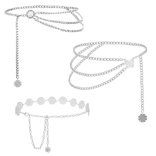 Qoncosy 3 Pcs Silver Chain Belt for Women, Adjustable Waist Chain with Clover Butterfly Disc Pendants, Body Jewelry, Boho Belts for Women, Summer Beach Party (Silver) | Amazon (US)