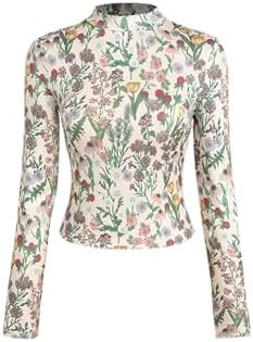 CIDER Women's Floral Knitted Long Sleeve Mock Neck Going Out Slim Fit Tops Fall Outfits Trendy Cl... | Amazon (US)
