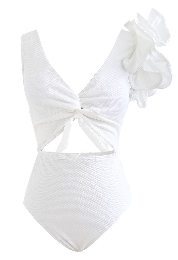 Solid White Ruffle Shoulder Cutout Swimsuit | Chicwish